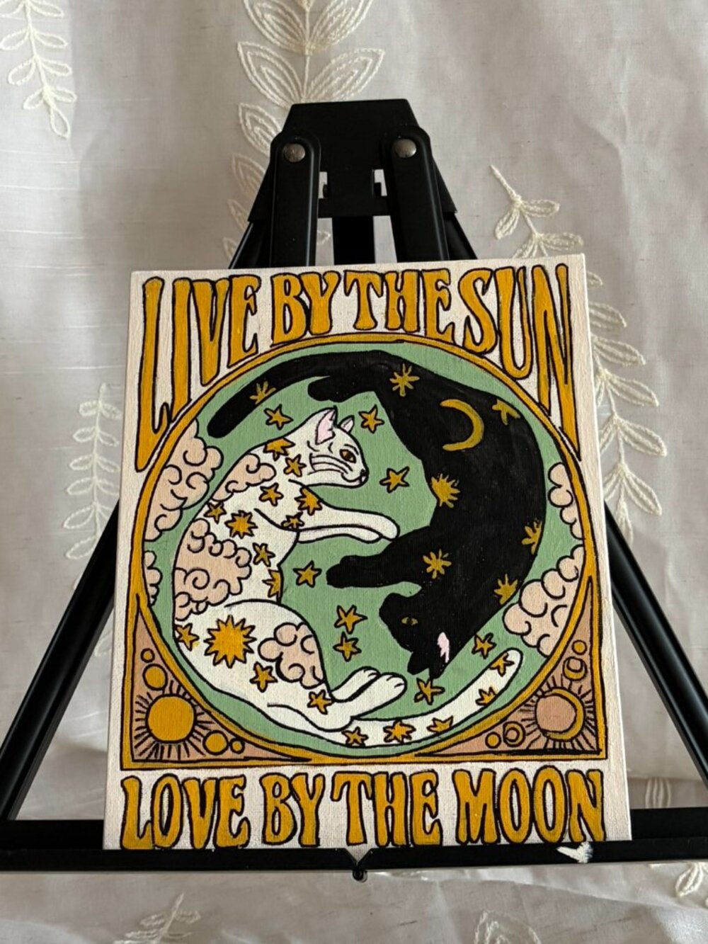 Hand Painted Live By The Sun Love By The Moon Cat Canvas 8x10